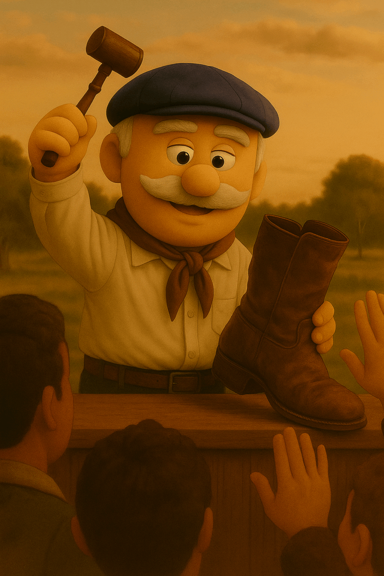20250902_1439_Títere Gaucho Subastando Botas_remix_01k45r1kj6e3ktn2qdwwsxckqc